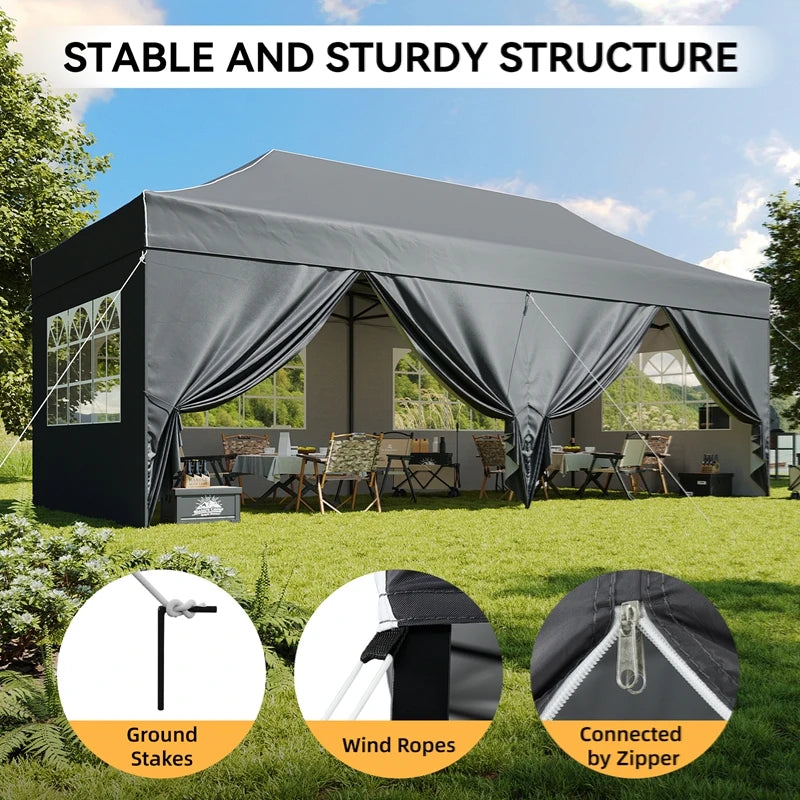 Aoxun 10x20FT Pop Up Gazebo Heavy Duty Instant Canopy Tent with Sides Waterproof Outdoor Shelter for Garden Party BBQ with Wheeled Bag