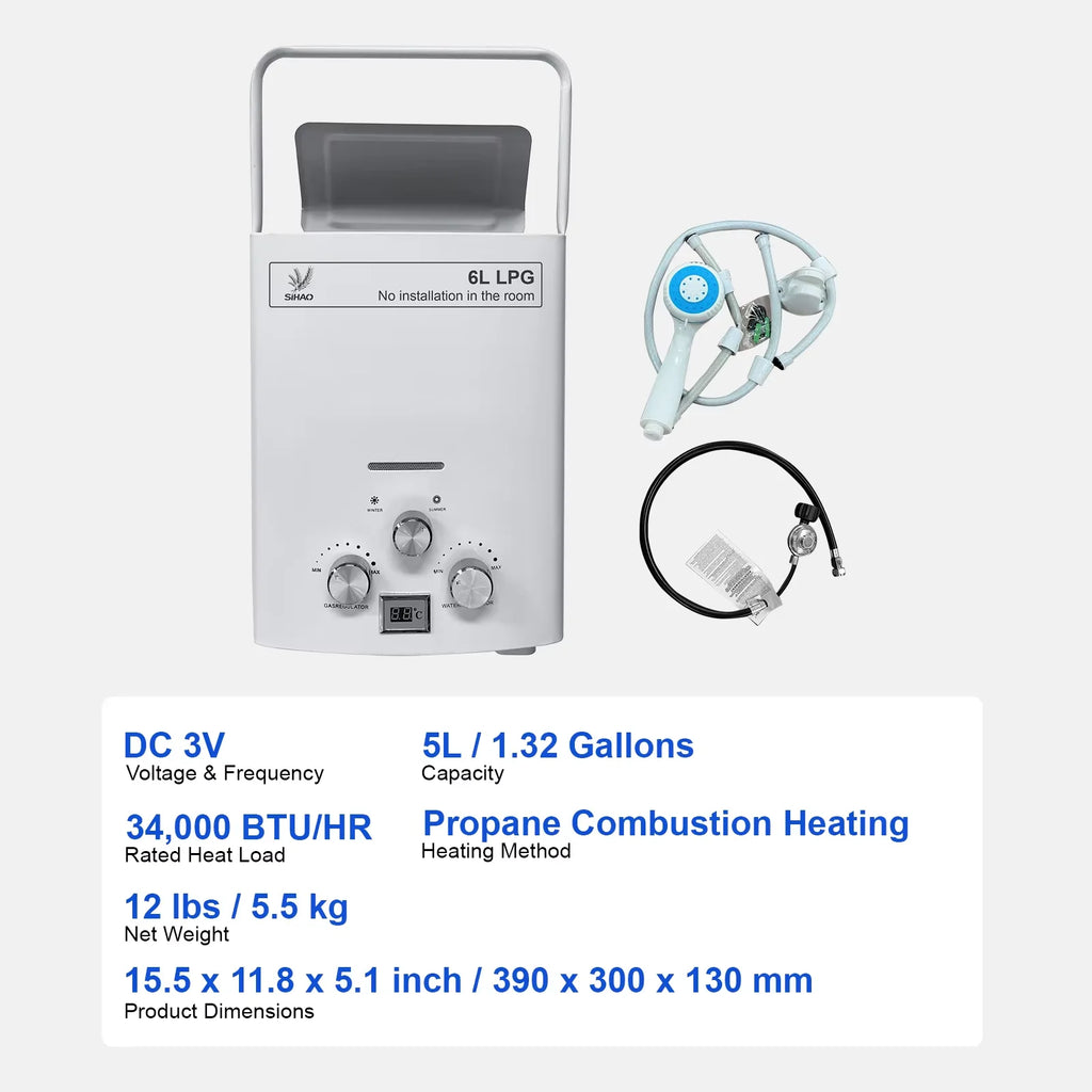SIHAO 6L-18L Propane Gas Water Heater, Bathroom heating instant, Digital Display Outdoors Water Heater Boiler Car Camping