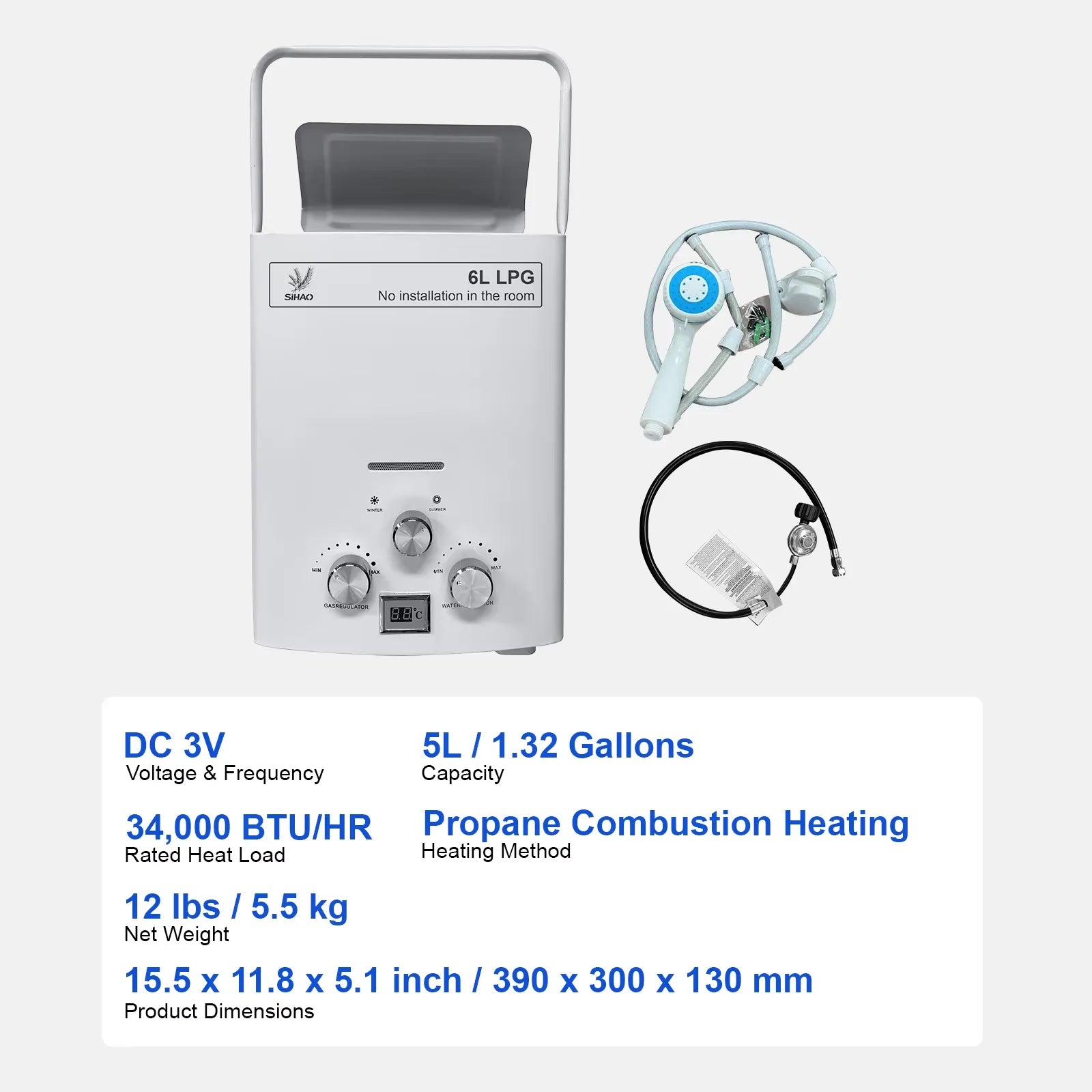 SIHAO 6L-18L Propane Gas Water Heater, Bathroom heating instant, Digital Display Outdoors Water Heater Boiler Car Camping