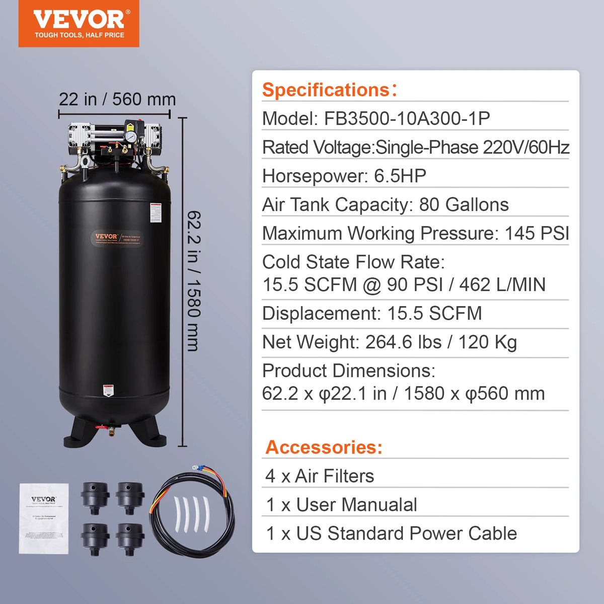 SucceBuy 80 Gallon Air Compressor 6.5HP 145PSI Oil Free Air Compressor Ultra Quiet Compressor for Industrial Sites Auto Repair Amocart