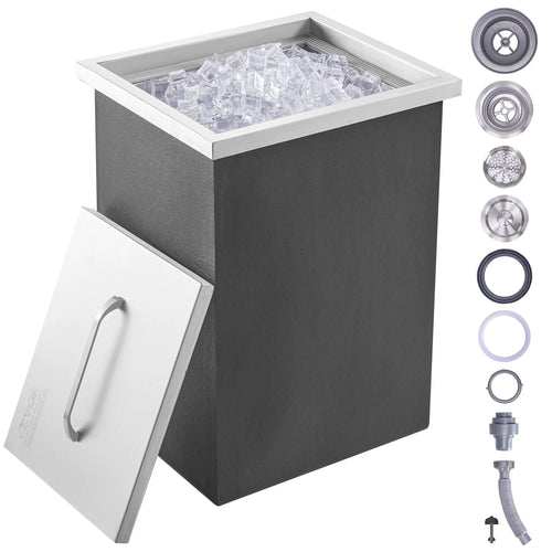 SucceBuy Ice Chest Stainless Steel Ice Cooler Commercial Ice Bin with Cover Outdoor Kitchen Ice Bar Drain-pipe and Drain Plug