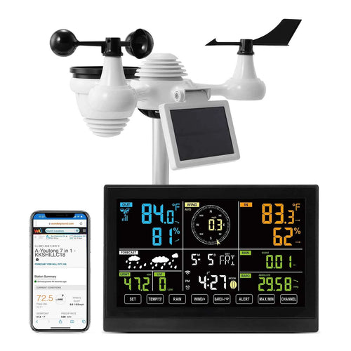 Amocart 7-in-1 Wi-Fi Weather Station 7.5 in Color Display + Solar Wireless Outdoor Sensor Alarm Alerts for Temperature Humidity