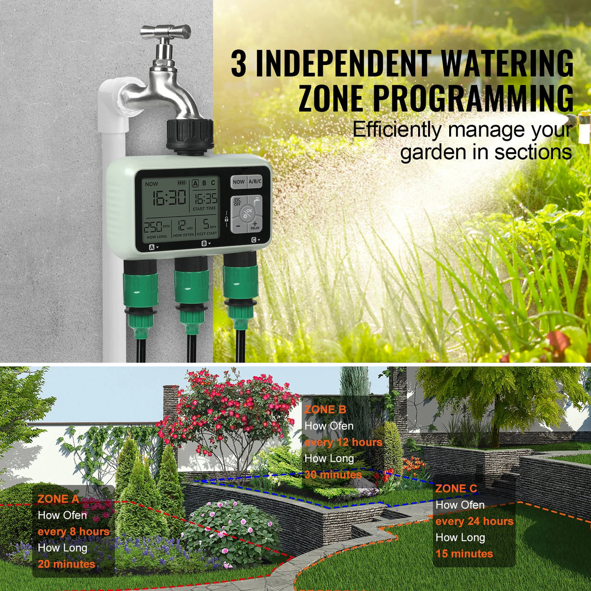 SucceBuy Water Timer 3 Outlets Hose 3 Independent Watering Zone LCD Display Rain Delay Mode Manual Mode Watering Sprinkler Timer Amocart
