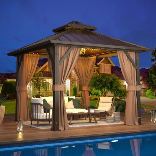 10x10 Hardtop Gazebo Aluminum Frame Galvanized Steel Double Roof Permanent Outdoor Pavilion with Curtain,Customized
