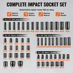 Amocart 3/8" & 1/2" Drive Impact Socket Set 59 PCS Socket Set SAE 5/16" to 1-1/4" Metric 6-32mm 6 Point Cr-Mo Alloy Steel Set