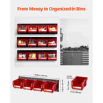 Amocart Wall Mounted Storage Bins 12 Plastic Bins & 3 Metal Rails Hanging Stackable Garage Workshop Nails Tools Organizer Box