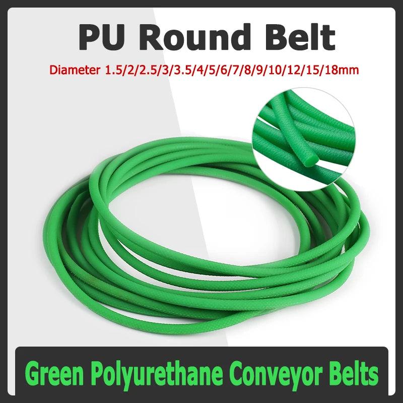 1M-20M Dia 1.5/2/2.5/3/3.5/4/5/6/7/8/9/10/12/15/18mm Green Polyurethane Conveyor Belts PU Round Belt Transmission Drive Belts
