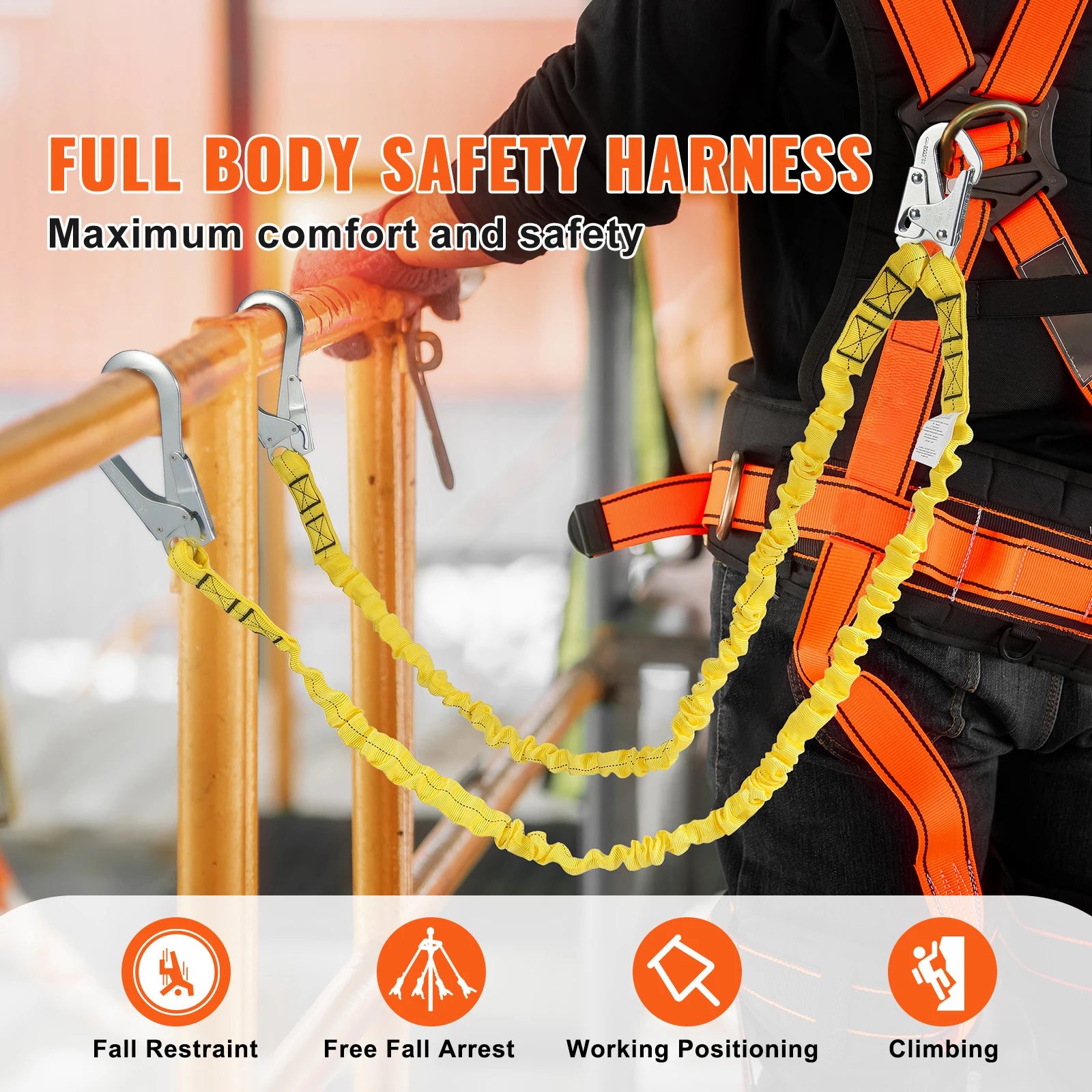VEVOR 38mm Safety Lanyard 6ft(1.83m) Fall Protection Lanyard Retractable Safety Belt for Outdoor/Indoor Tree Climbing Yellow