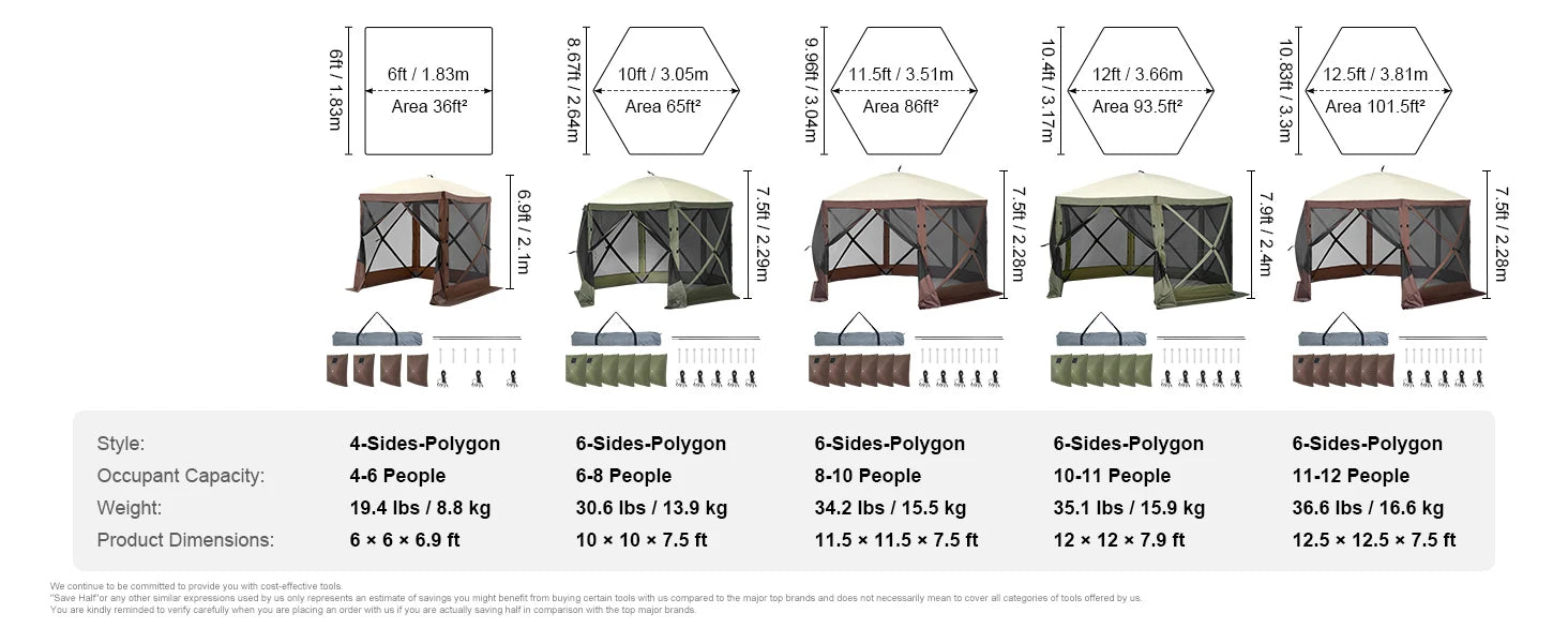 SucceBuy Pop Up Gazebo Tent, Pop-Up Screen Tent 6 Sided Canopy Sun Shelter with 6 Removable Privacy Wind Cloths & Mesh Windows
