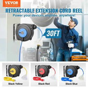 Load image into Gallery viewer, Amocart Retractable Extension Cord Reel 30FT Lighted Triple Tap Outlet 10 Amp Circuit Breaker 4.5FT Lead-in Cord Electrical Use
