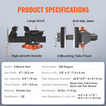Amocart Bench Vise 4.5" 6" 6.5" Multipurpose, Swivel Base & Anvil Heavy  Cast Iron for Drilling, Conduit Cutting, Sanding