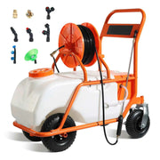 Load image into Gallery viewer, SucceBuy Battery Powered 15 Gal Garden Weed Sprayer with Wheeled Cart 126FT Hose with Reel 8 Nozzles 2 Wands with Lock for Crop

