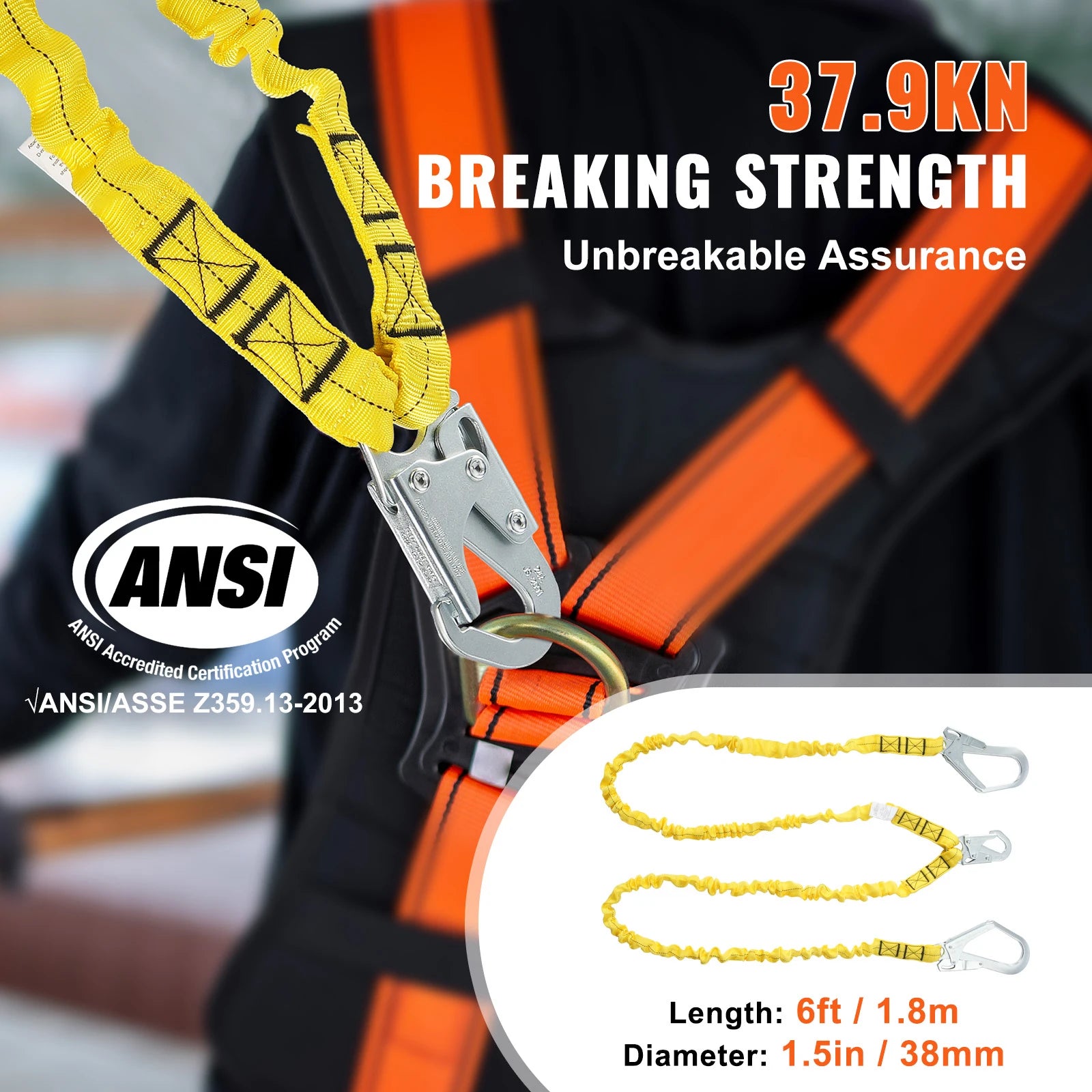 VEVOR 38mm Safety Lanyard 6ft(1.83m) Fall Protection Lanyard Retractable Safety Belt for Outdoor/Indoor Tree Climbing Yellow