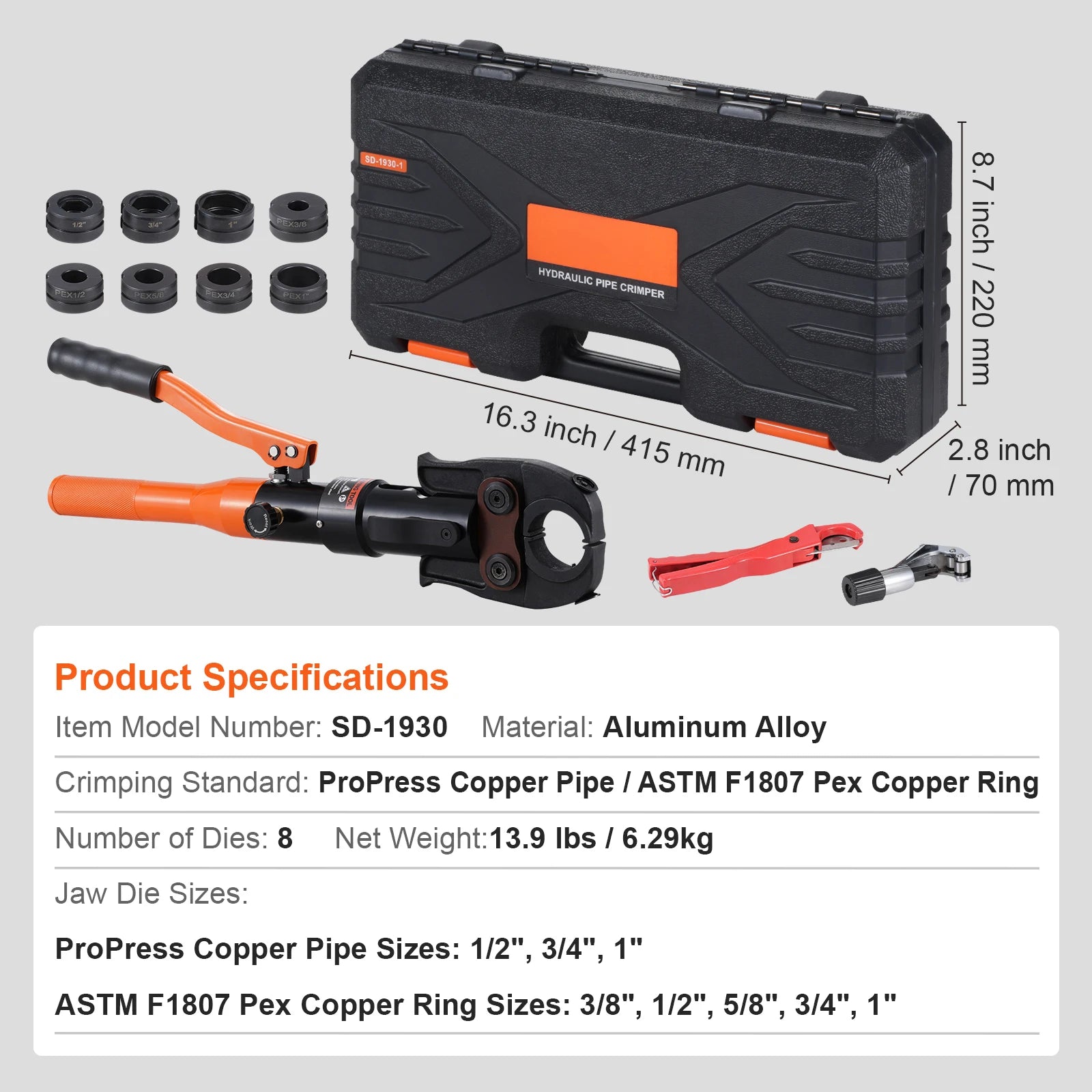 SucceBuy Copper Pipe Crimping Tool Hydraulic Driven Press Tool with 3/8" 1/2" 5/8" 1" Jaws for ASTM F1807 Pex Pipe Copper Ring