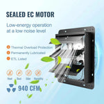 Amocart Shutter Exhaust Fan 12'' with Temperature Humidity Controller EC/AC-motor 940 CFM 10-Speed Adjustable Wall Mount Attic