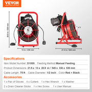 Bild in Galerie-Viewer laden, Amocart Drain Cleaner Machine 75FT/50FT Sewer Snake Auger Manual 1/2 Inch Electric Drain Cleaning Machine w/ 4 Cutters for Home
