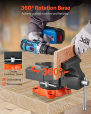 Load image into Gallery viewer, SucceBuy 5/5.5/8" Bench Vise with 360° Swivel Locking Base Vise with Anvil Jaw Width Multipurpose Vise for Clamping Round Pipe - AMOCART
