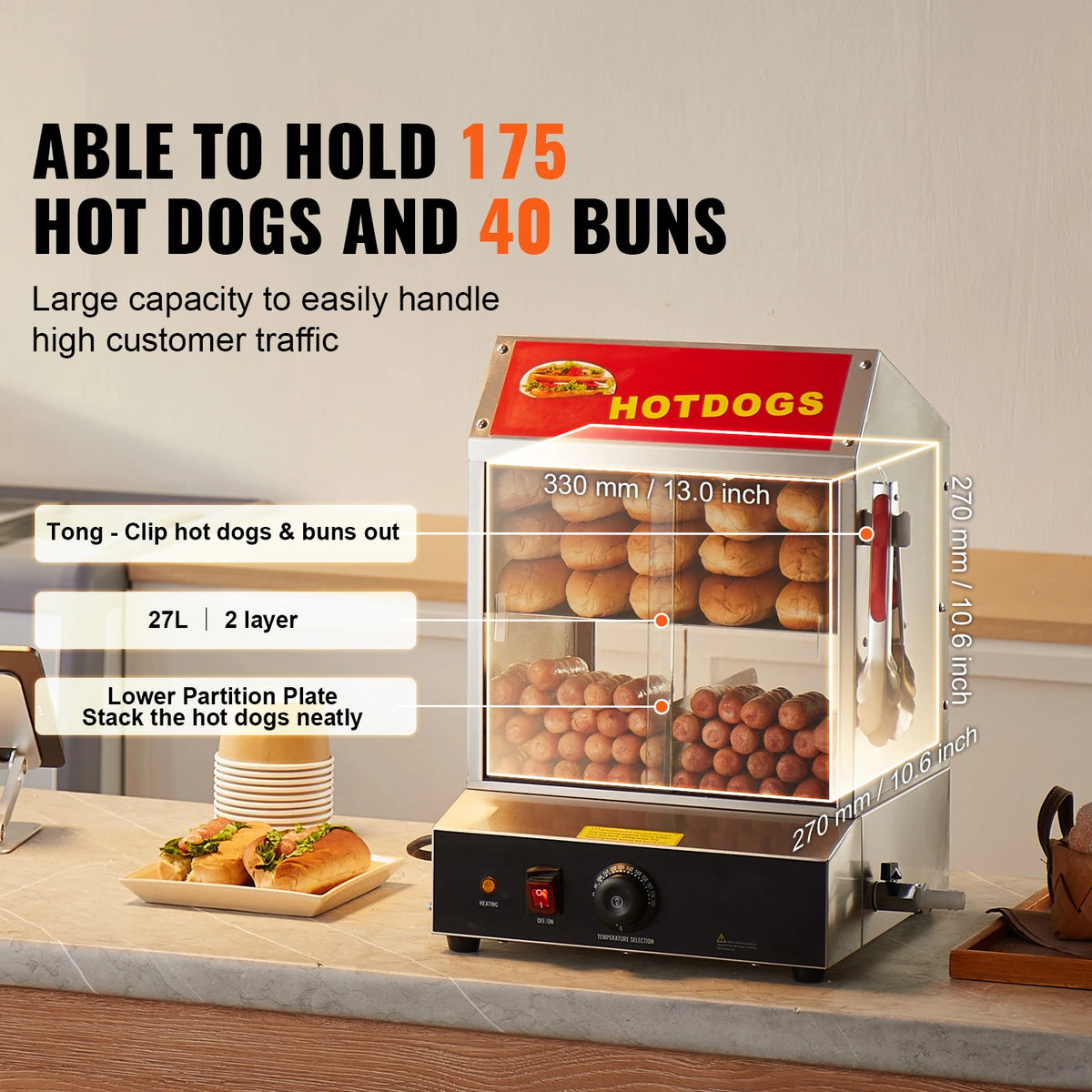 SucceBuy 27/37L 2Tiers Hot Dog Steamer with Temperature Control Stainless Steel Electric Bun Warmer for Hot Dogs&Buns for Cinema