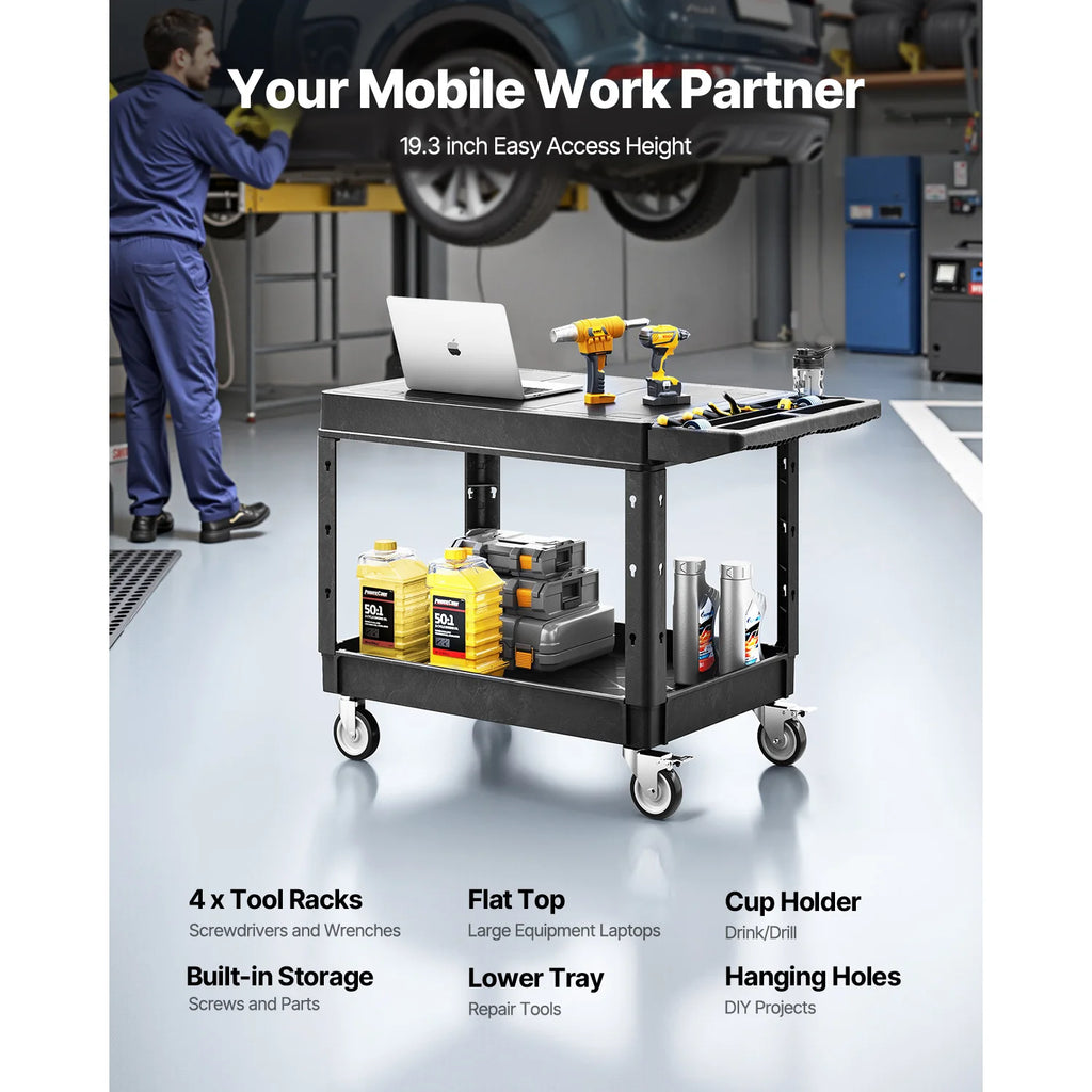 SucceBuy 550 lbs Utility Service Cart Two-Shelf Plastic Hand Dolly Cart with 360° Swivel Wheels for Warehouse Garage Cleaning