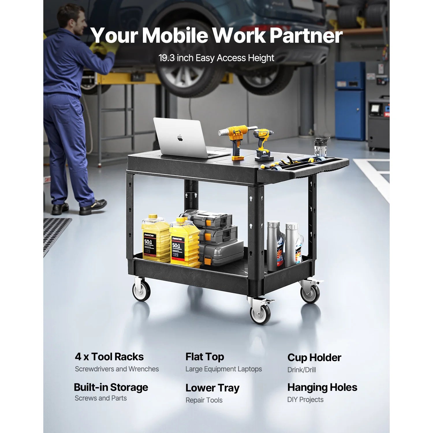 SucceBuy 550 lbs Utility Service Cart Two-Shelf Plastic Hand Dolly Cart with 360° Swivel Wheels for Warehouse Garage Cleaning