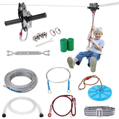 SucceBuy Zipline Kit for Kids Adult 160ft Zip Line Kits Up to 500 lbs with Stainless Steel Zipline Spring Brake Safety Harness