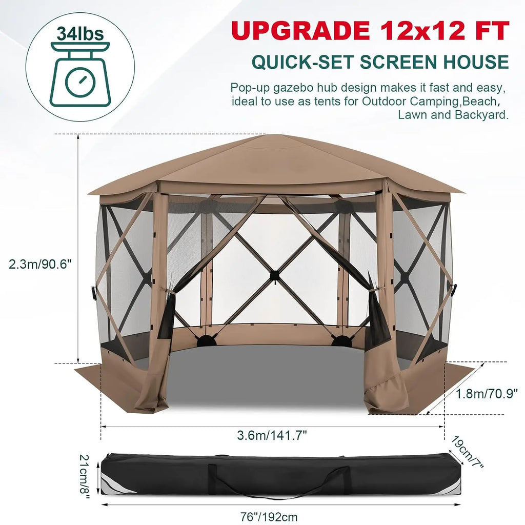 12x12 FT Screened Gazebo, Pop Up Stargazing Canopy Tent, Khaki | Gazebos On Clearance with Removable Roof,Instant, Customized