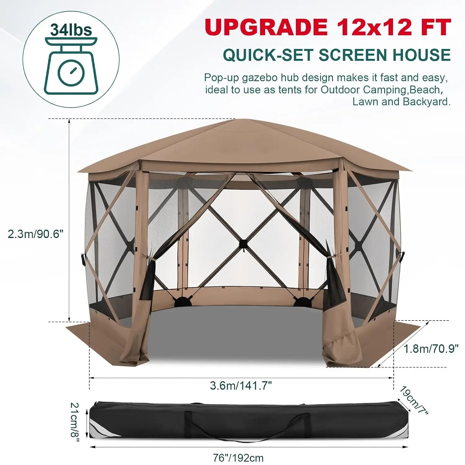 12x12 FT Screened Gazebo, Pop Up Stargazing Canopy Tent, Khaki | Gazebos On Clearance with Removable Roof,Instant, Customized