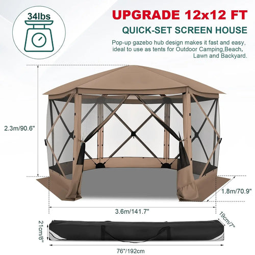 12x12 FT Screened Gazebo, Pop Up Stargazing Canopy Tent, Khaki | Gazebos On Clearance with Removable Roof,Instant, Customized