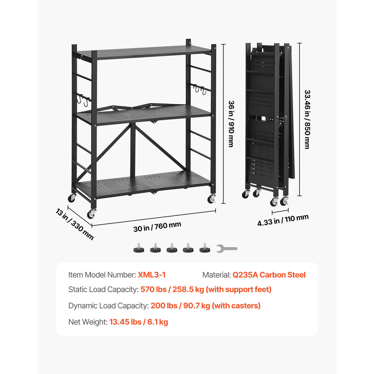 SucceBuy 6/5/4/3 Tier Black Foldable Storage Shelf with Wheels Folding Metal Rack Shelving Unit Organizer for Garage Kitchen Amocart