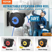 Load image into Gallery viewer, Amocart Retractable Extension Cord Reel 50FT Lighted Triple Tap Outlet 13Amp Circuit Breaker 180° Swivel Bracket Electrical Use
