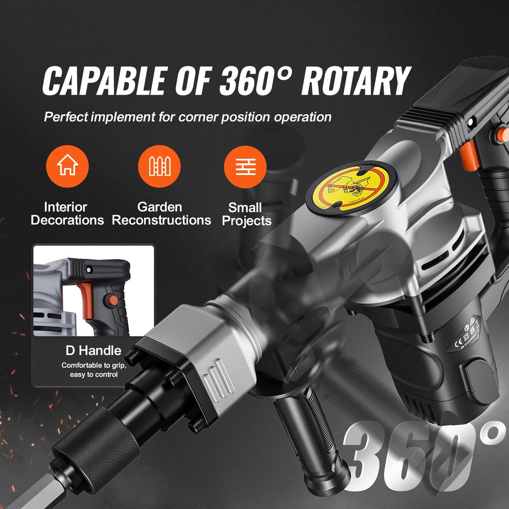 SucceBuy Electric Heavy Demolition Jack Hammer 1400W 2pcs Chisels Bits Chipping with Case 2900 BPM Concrete Breaker Gloves Black