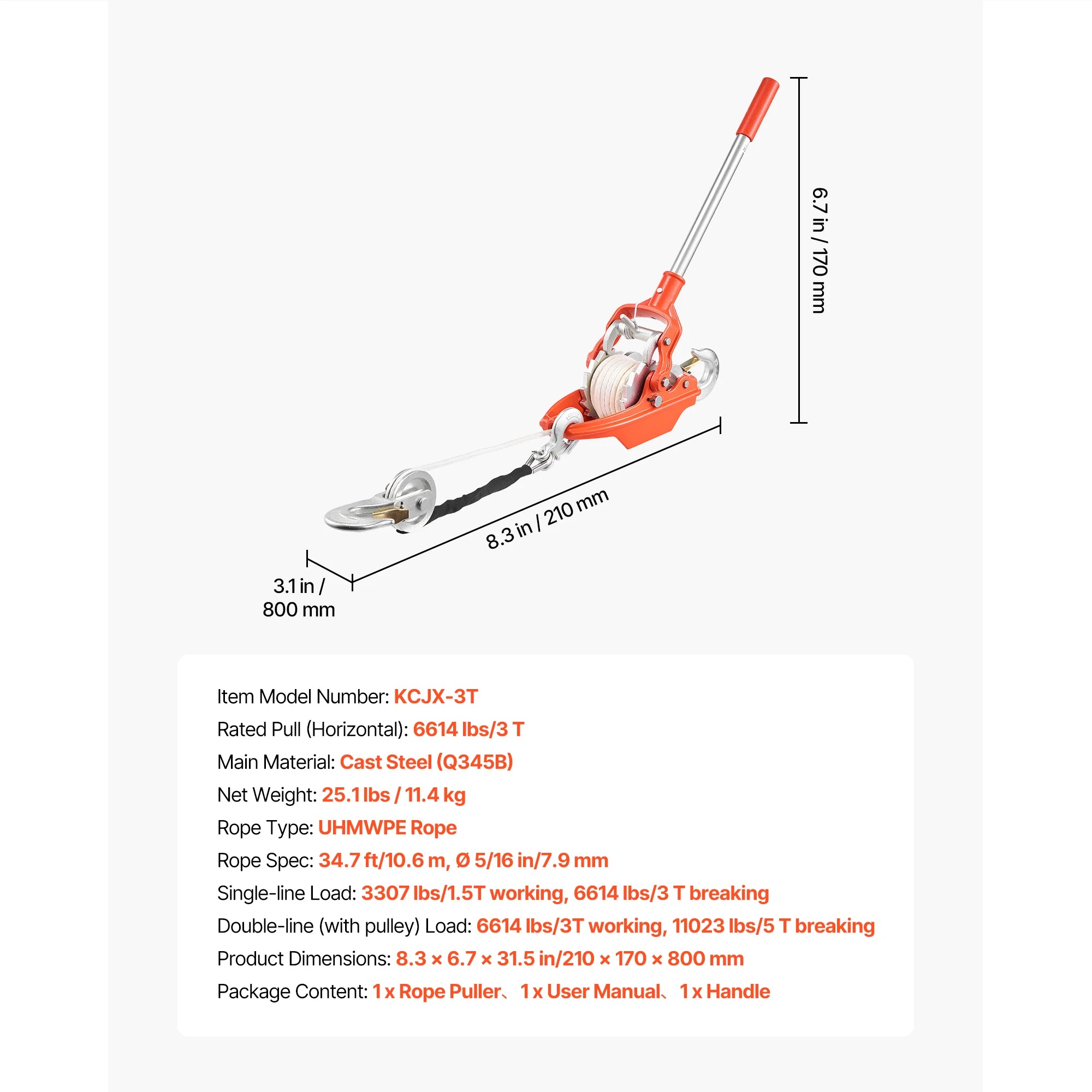 SucceBuy 6614lbs Rope Puller Ratchet Power Puller Tool with 35ft of 0.3 in Diameter Rope & 2 Hooks for Tree Felling Moving Boats