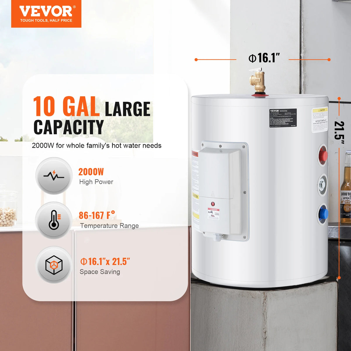 VEVOR Electric Water Heater 10 Gallon Tank Instant Hot Water Heater 1.6Kw Tankless Water Heater w/ LED Display Knob Control IPX4 Amocart