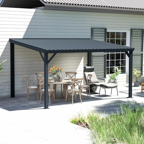10x14 Wall Mounted Lean to Gazebo Pergola Built in Drain Galvanized Steel Roof Hardtop Deck Porch Backyard,Customized