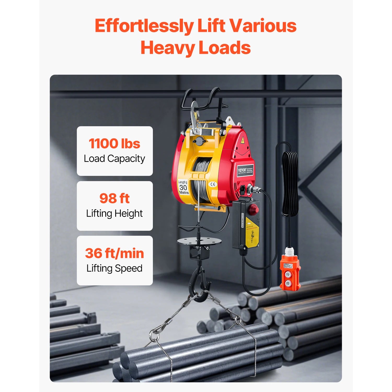 SucceBuy 2-in-1 Electric Hoist 1100 lbs 1800W Wired/Wireless Portable Power Winch 98 ft Lifting Height for Garage Factory Towing