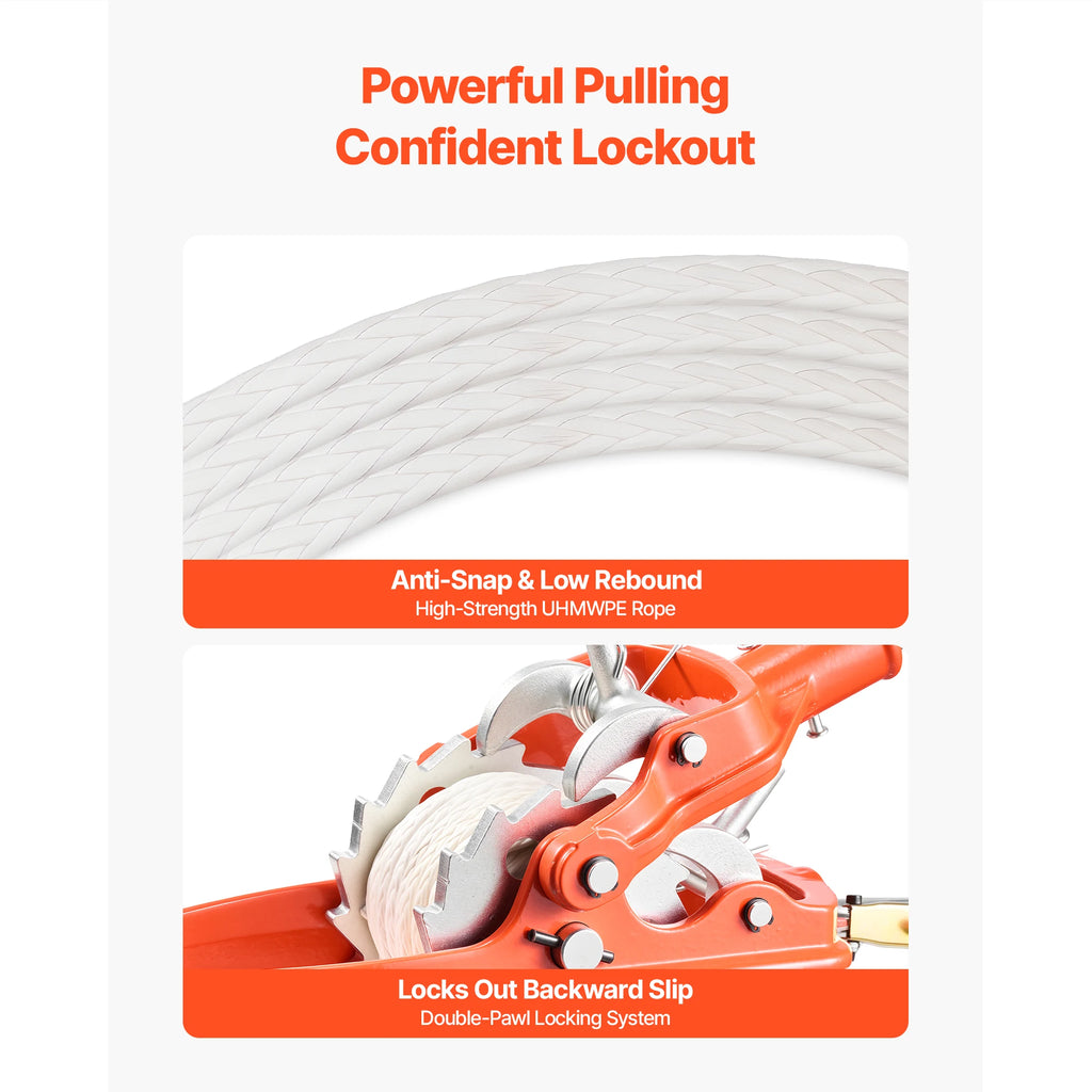 SucceBuy 6614lbs Rope Puller Ratchet Power Puller Tool with 35ft of 0.3 in Diameter Rope & 2 Hooks for Tree Felling Moving Boats