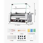 SucceBuy Hot Dog Roller Stainless Steel Sausage Grill Cooker Hot Dog Machine with Bun Warmer Cover 3 Temp Control for Commercial