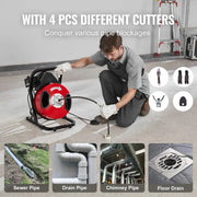 Bild in Galerie-Viewer laden, Amocart Drain Cleaner Machine 50FT 1/2 Inch Manual Feed Sewer Snake Auger with 4 Cutters &amp; Air-activated Foot Switch for Pipes
