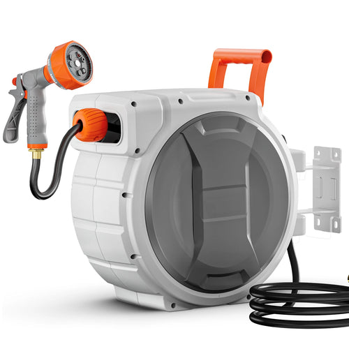 SucceBuy 5/8 Inch x 100ft Retractable Garden Hose Reel with 9 Patterns Nozzle Upgraded Slow Return System and 180°Swivel Bracket