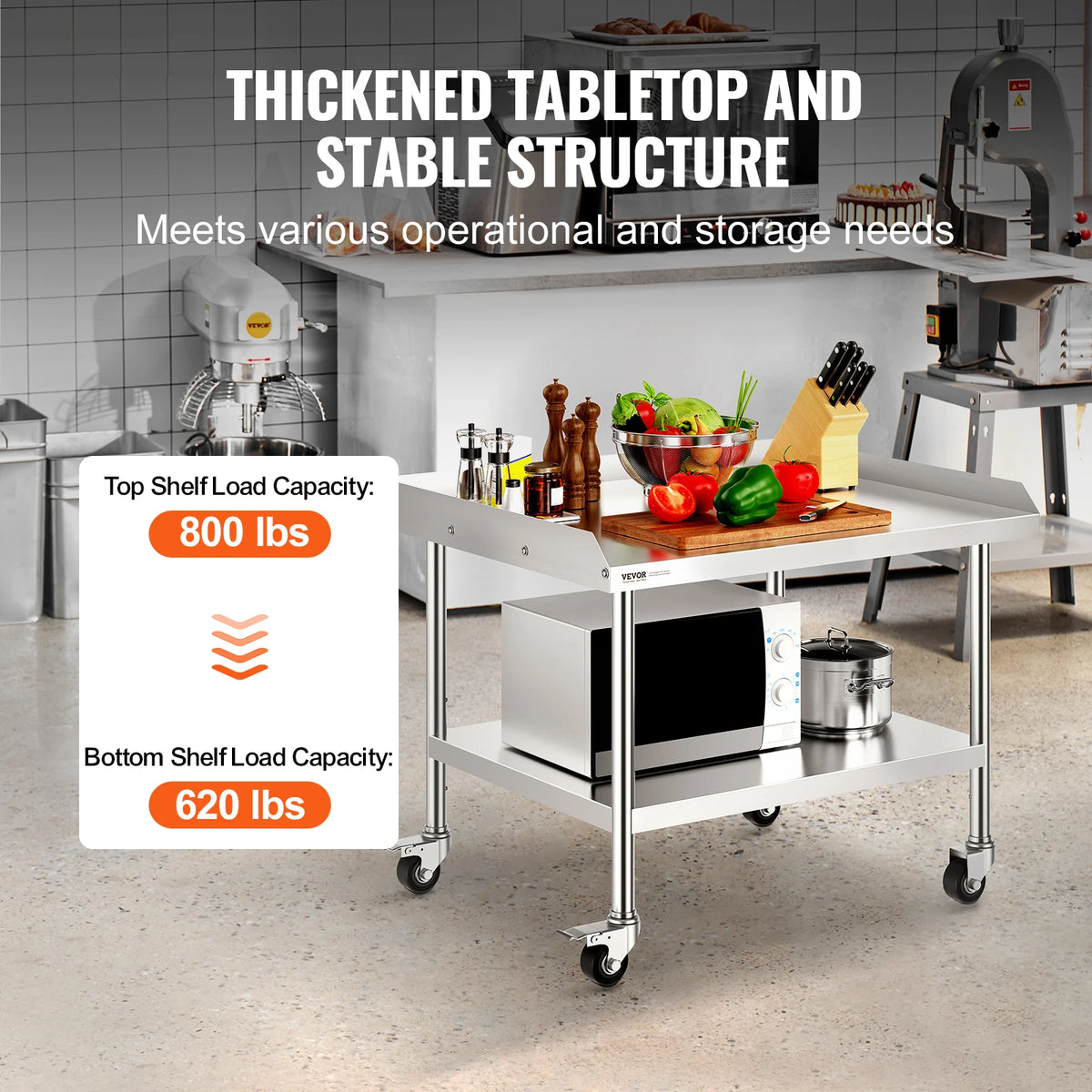 SucceBuy Stainless Steel Work Table Commercial Food Prep Worktable with 4 Wheels Heavy Duty Prep Worktable for Restaurant Home Amocart
