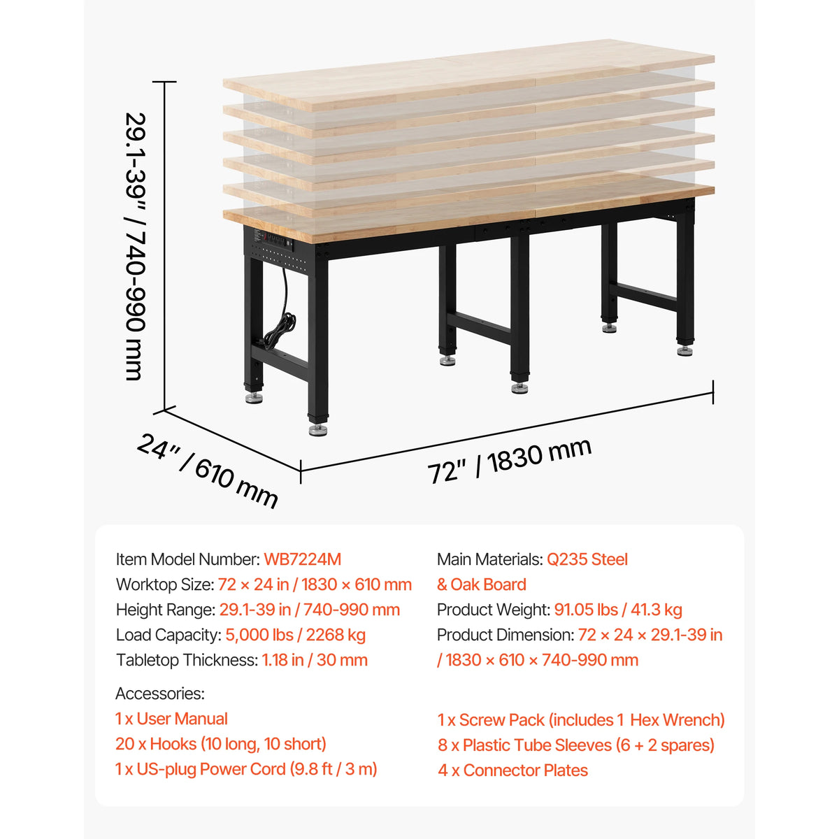 SucceBuy 5000 lbs Adjustable Workbench 72/96 x 24in Oak Wood Top Workstation with 4 AC Outlets Hardwood Worktable for Garage