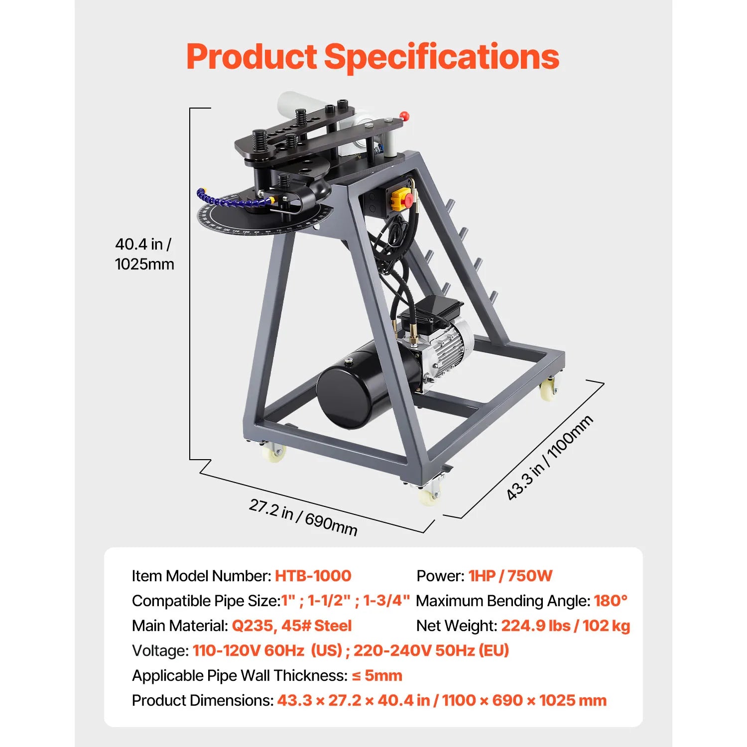SucceBuy Electric Tube Bending Machine 750W Electric Tubing Bender w/ 6L Hydraulic Cylinder w/ 3 Dies for 1" 1-1/2" 1-3/4" Pipes