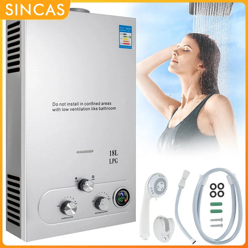 18L LPG Propane Gas Instant Hot Water Heater Boiler Outdoor Stainless Steel Tankless Hot Water Heater On-Demand Boiler ShowerKit