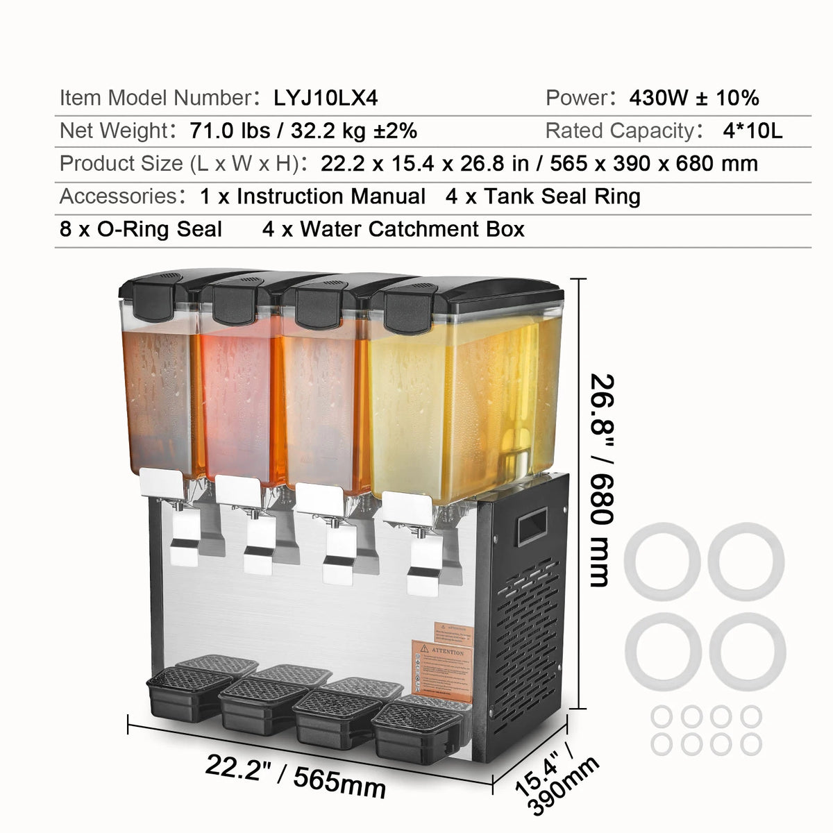 SucceBuy 4 Tanks Commercial Beverage Dispenser 10L/12L Per Tank Juice Dispenser Stainless Steel Ice Tea Drink Machine