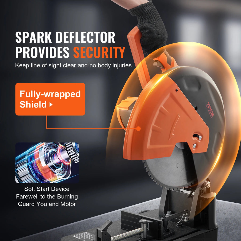 SucceBuy 2800W Chop Saw 14"/355mm Blade Diameter Cut Off Saw 1200RPM Steel Cutting Machine 0-45° Adjustable Dry Cut Chop Saw