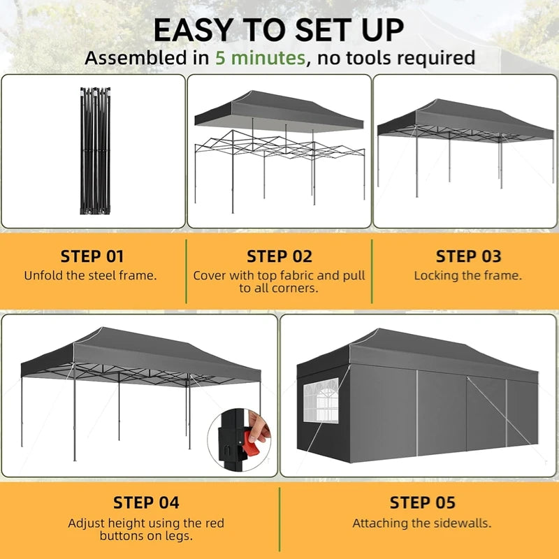Aoxun 10x20FT Pop Up Gazebo Heavy Duty Instant Canopy Tent with Sides Waterproof Outdoor Shelter for Garden Party BBQ with Wheeled Bag
