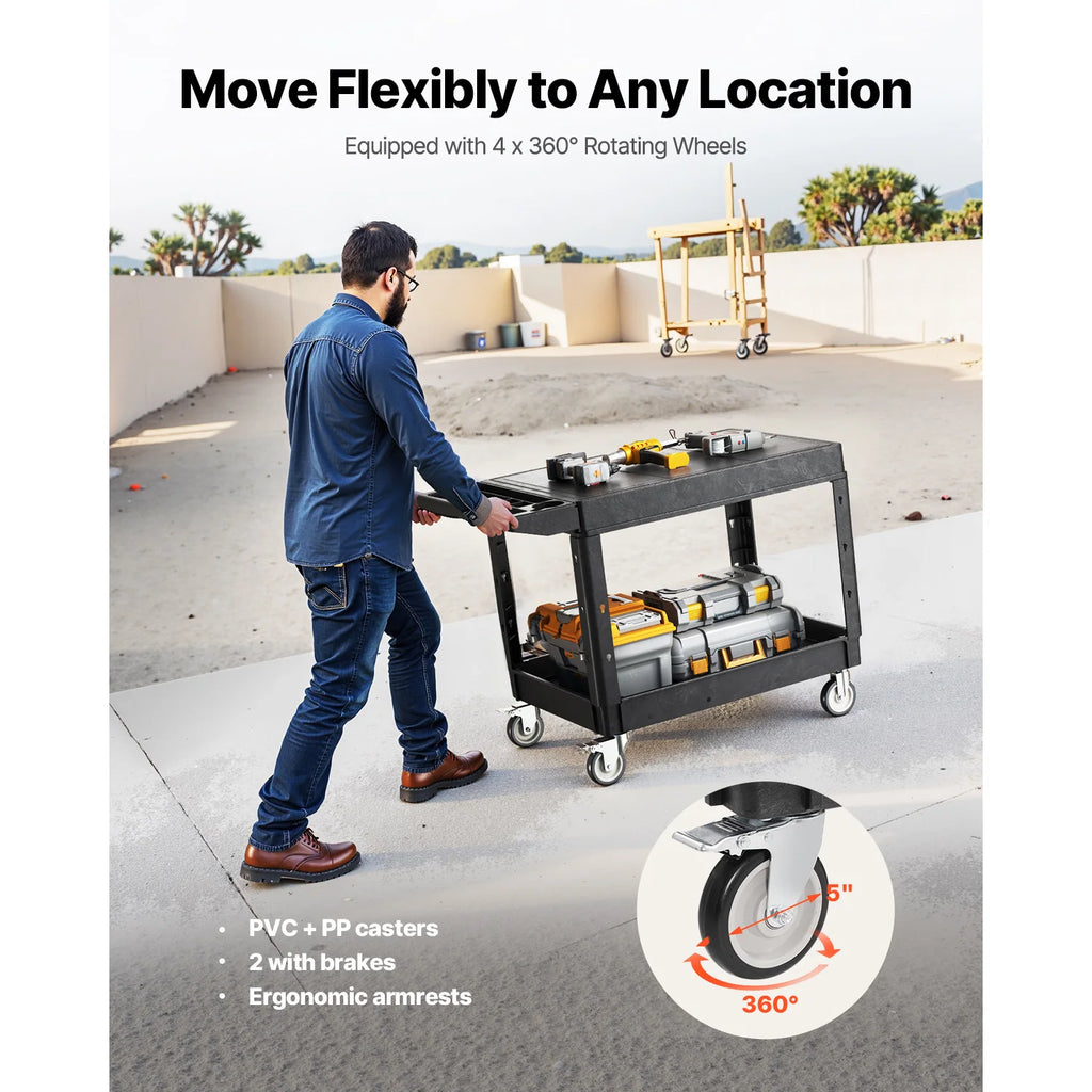 SucceBuy 550 lbs Utility Service Cart Two-Shelf Plastic Hand Dolly Cart with 360° Swivel Wheels for Warehouse Garage Cleaning