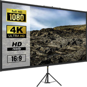 Load image into Gallery viewer, SucceBuy 100 Inch Tripod Projector Screen with Stand 16:9 4K HD Portable Projection Home Cinema for Indoor &amp; Outdoor Projection
