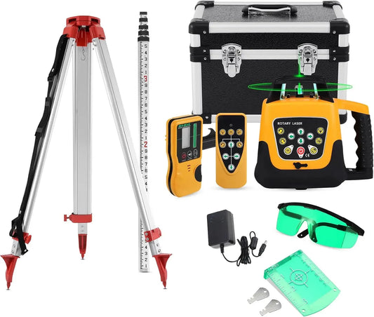 Green Beam Rotary Laser Level Kit Self Leveling 360 Degree Horizontal Transit Tripod Grade Rod 500M Range Construction Surveying