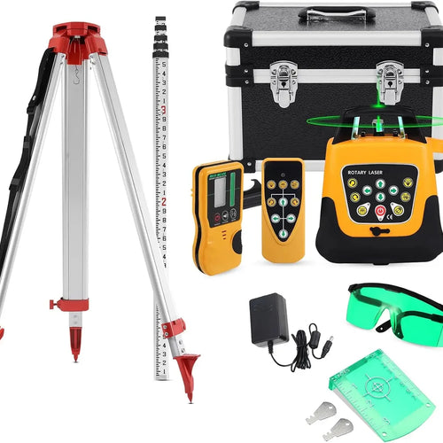 Green Beam Rotary Laser Level Kit Self Leveling 360 Degree Horizontal Transit Tripod Grade Rod 500M Range Construction Surveying